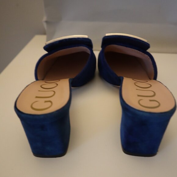 Gucci Madelyn Mules Crystal Logo Velvet Cobalt Blue Size 38 8 - Picture 6 of 12